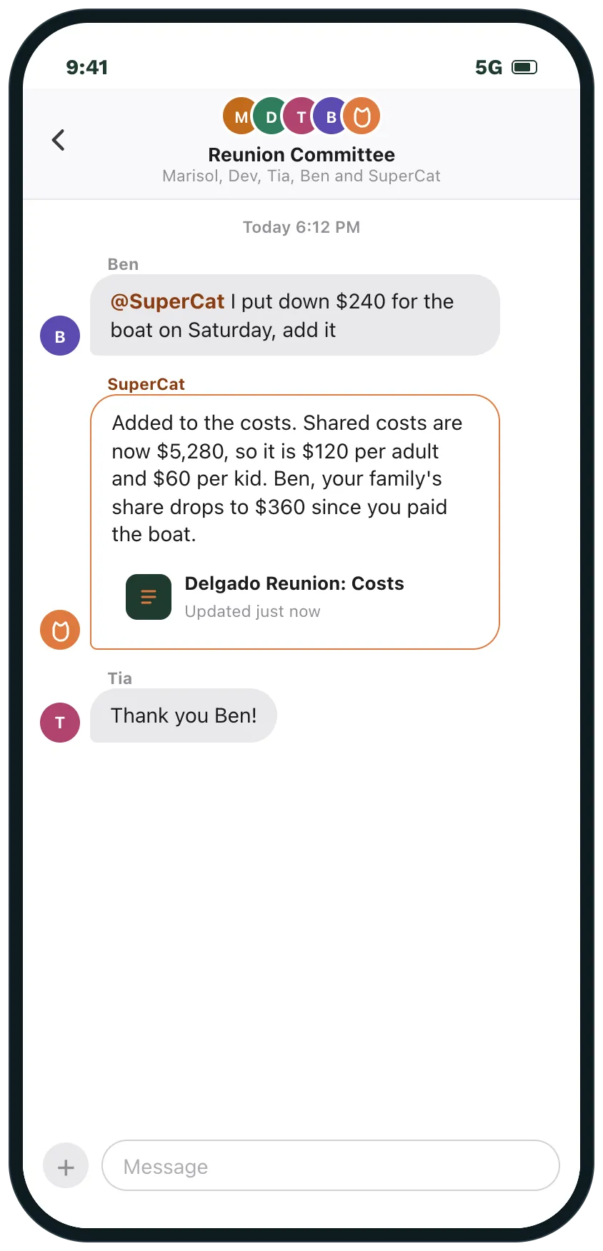 The reunion committee group chat: Ben tags SuperCat to say he paid 240 dollars for the boat, and SuperCat adds it, says the new per-person share and links the updated costs page.