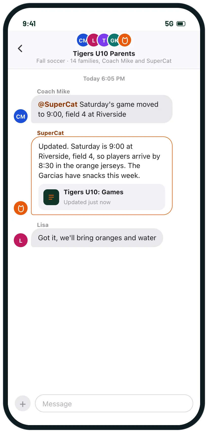 The team parents group chat: the coach tags SuperCat to say Saturday's game moved to 9:00 on field 4, and SuperCat updates it, gives the arrival time and who has snacks, and links the game schedule.