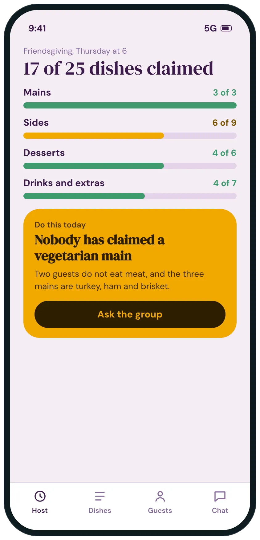 The host screen for a Friendsgiving: 17 of 25 dishes claimed with a progress bar for mains, sides, desserts and drinks, and one thing to do today in a yellow panel, nobody has claimed a vegetarian main.