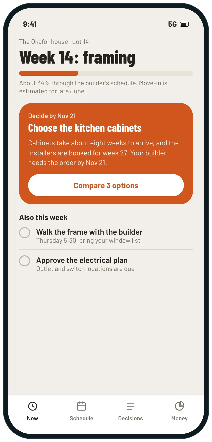 The home screen of a house build: week 14 of about 40 in framing with a progress bar, and one decision due in an orange panel, choose the kitchen cabinets by November 21, plus two jobs this week.