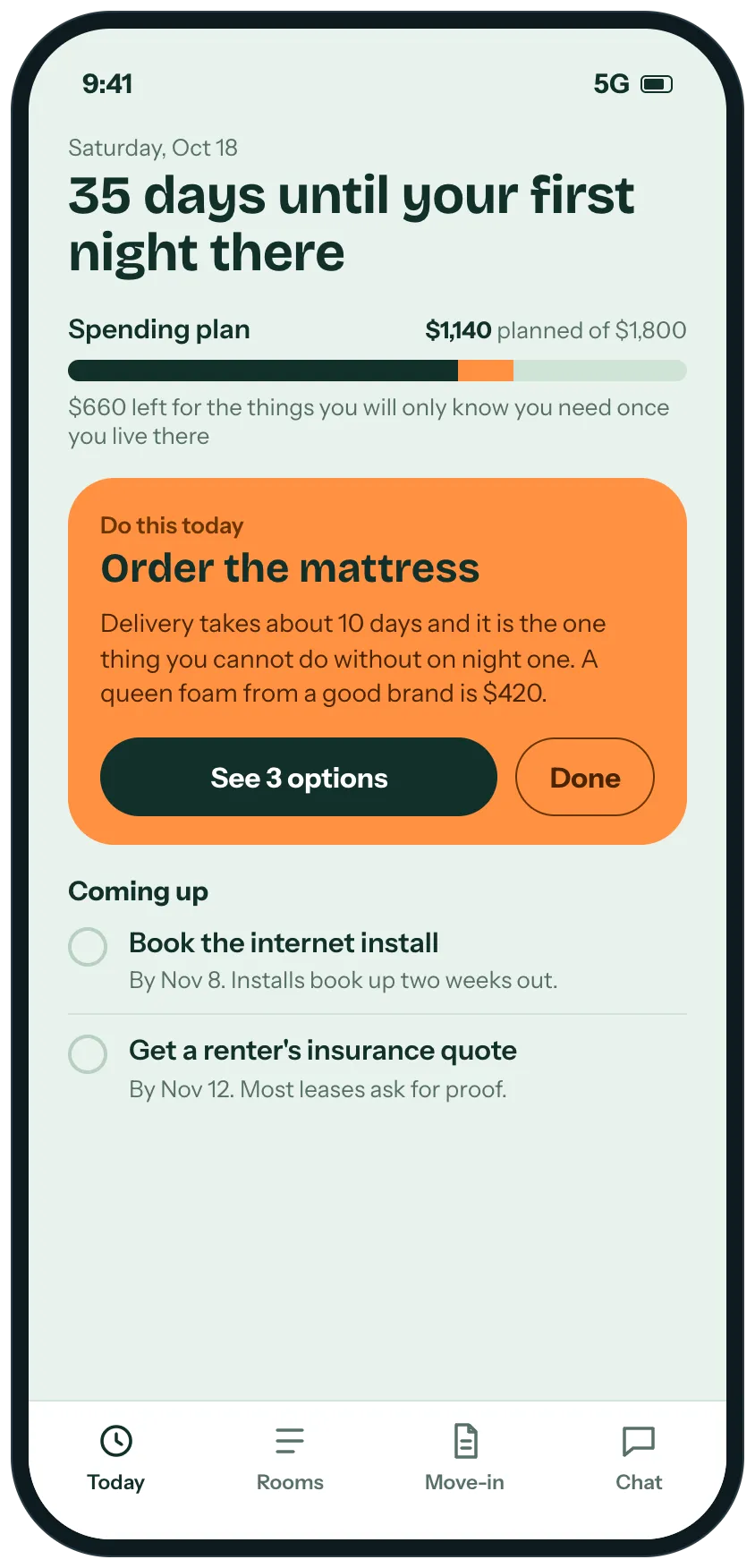 The home screen of a first apartment plan: 35 days until your first night there, a spending plan of $1,140 of $1,800, and one thing to do today in an orange panel, order the mattress, with two coming-up jobs below.