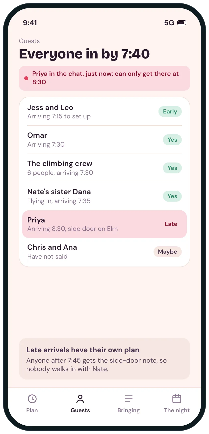The guest list right after, with Priya highlighted as a late arrival using the side door, and everyone else in by 7:40.