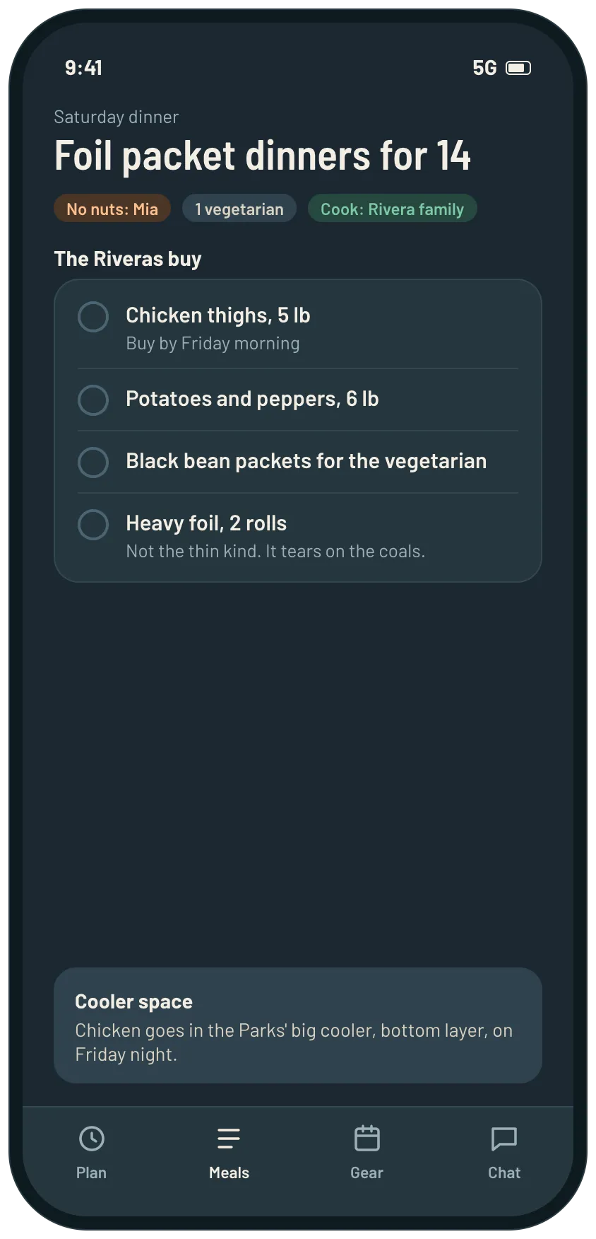 A single dinner for 14 people with allergy and diet flags, what the cooking family buys, and where the chicken goes in the coolers.
