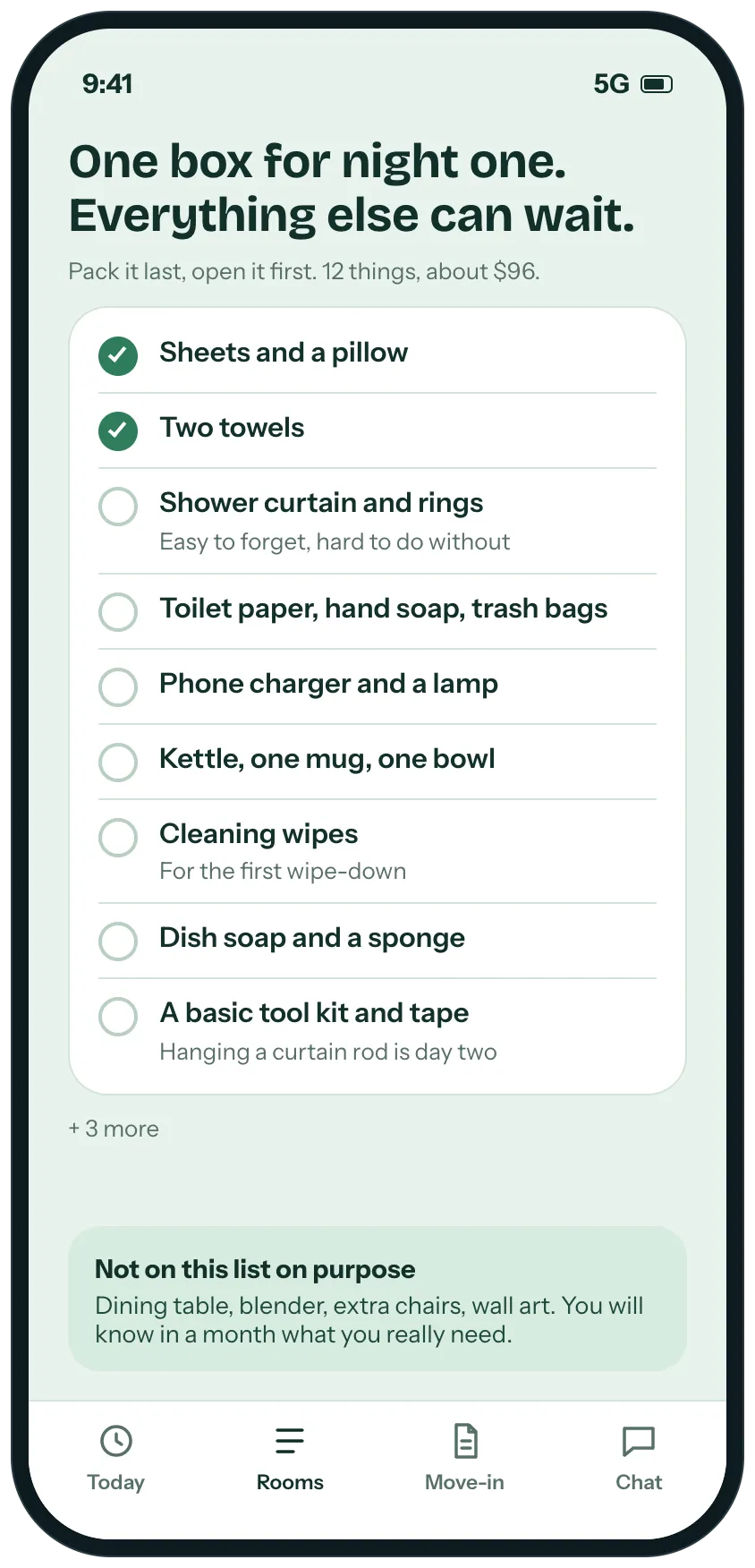 A screen titled one box for night one, everything else can wait, with a short checked list of what you need on the first night and a note on what is left off the list on purpose.