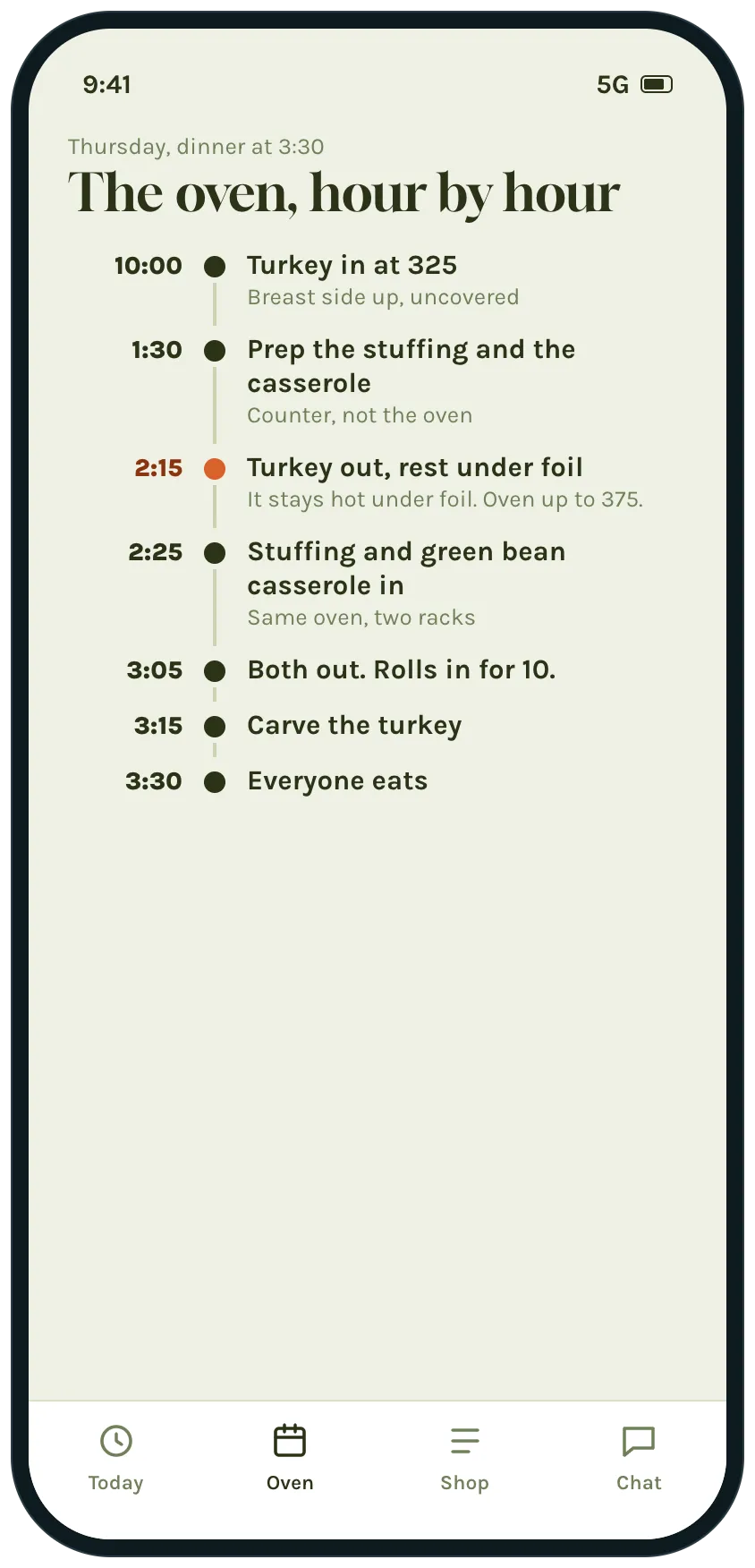 An hour-by-hour oven schedule worked back from dinner at 3:30, from putting the turkey in at 10:00 to everyone eating, with the oven conflict between stuffing, casserole and rolls solved.