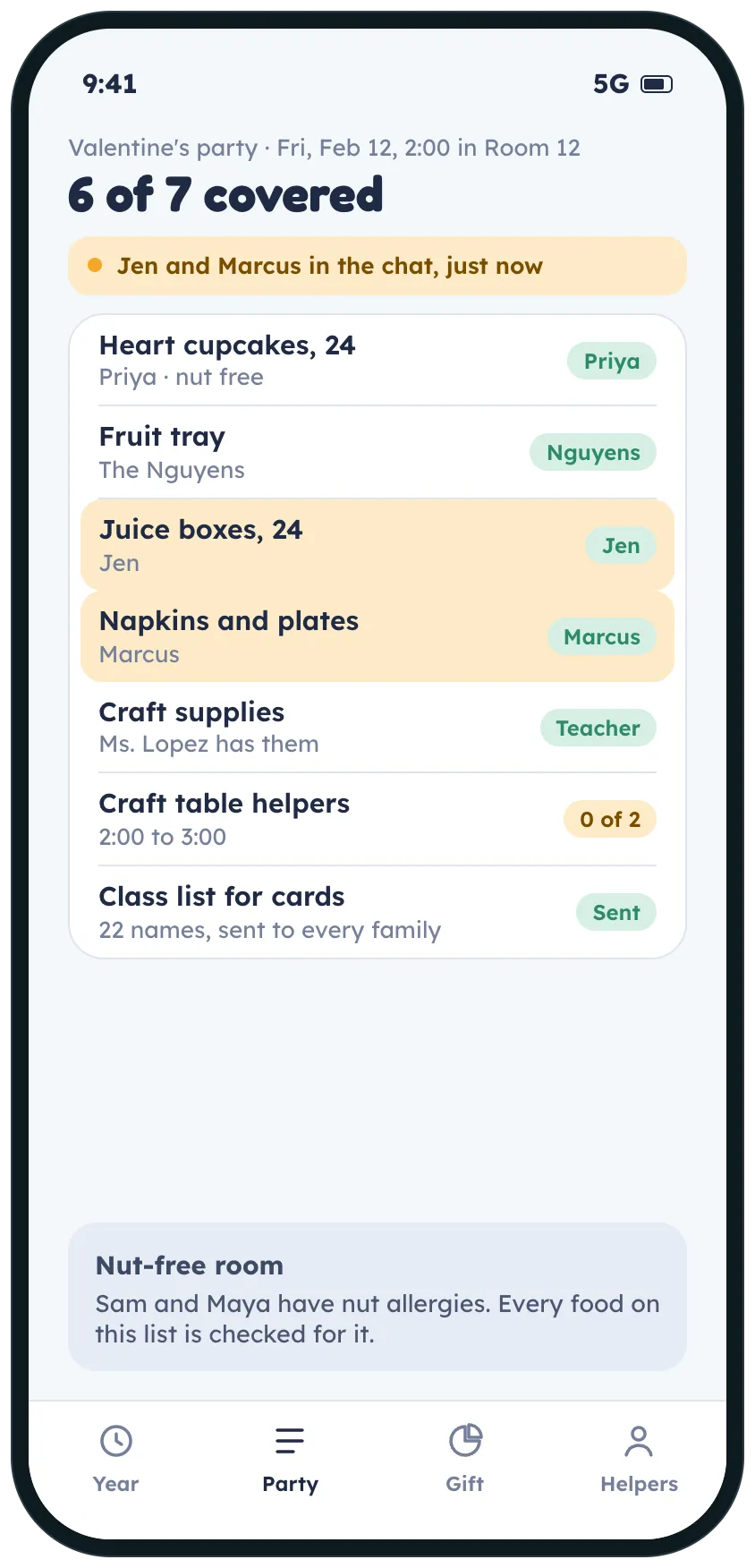 The Valentine's party sign-ups right after, with the juice boxes and napkins highlighted as just taken in the chat, 6 of 7 covered, and a note that the room is nut free.