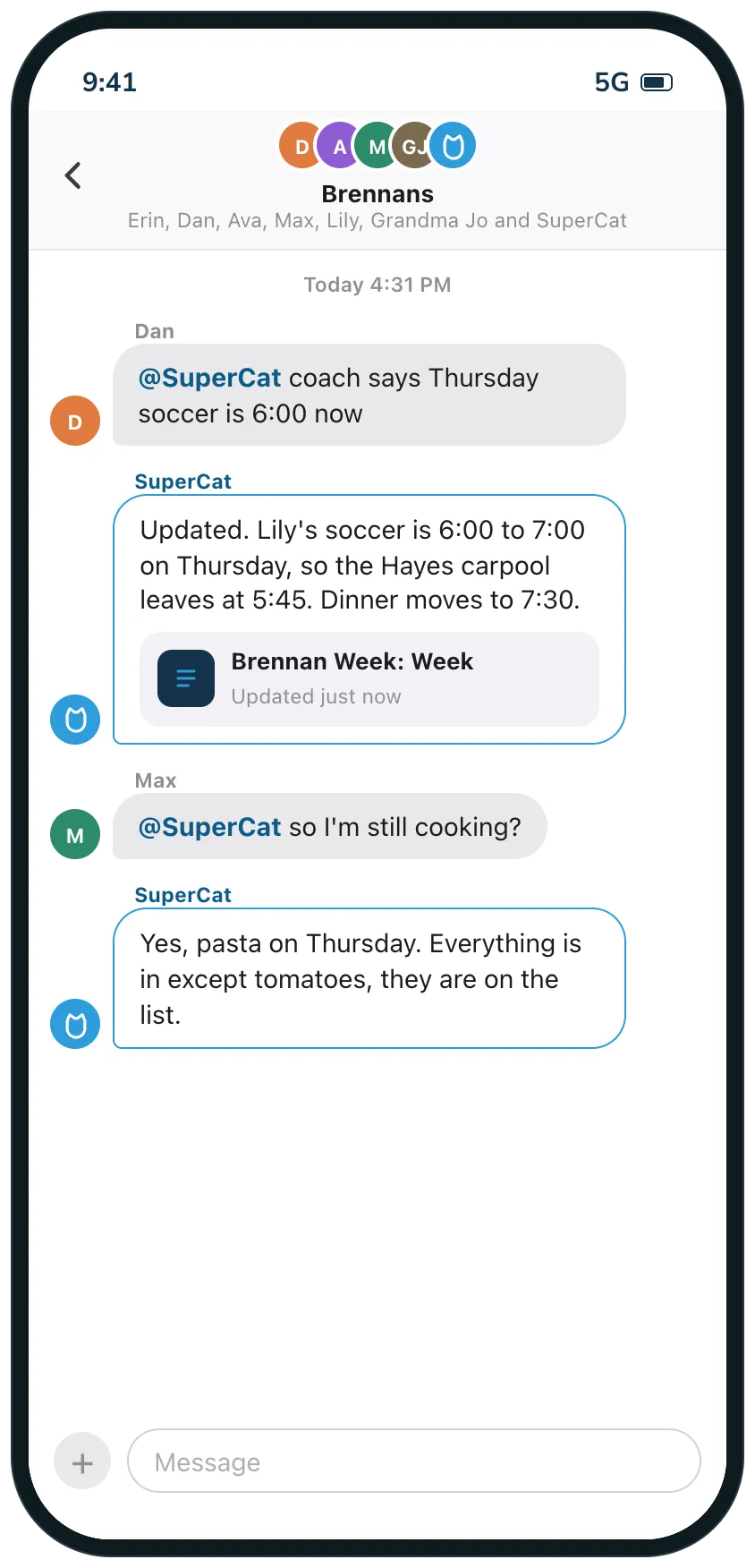 Later in the same chat, a parent says Thursday soccer moved to 6:00, and SuperCat updates the carpool time and moves dinner to 7:30.