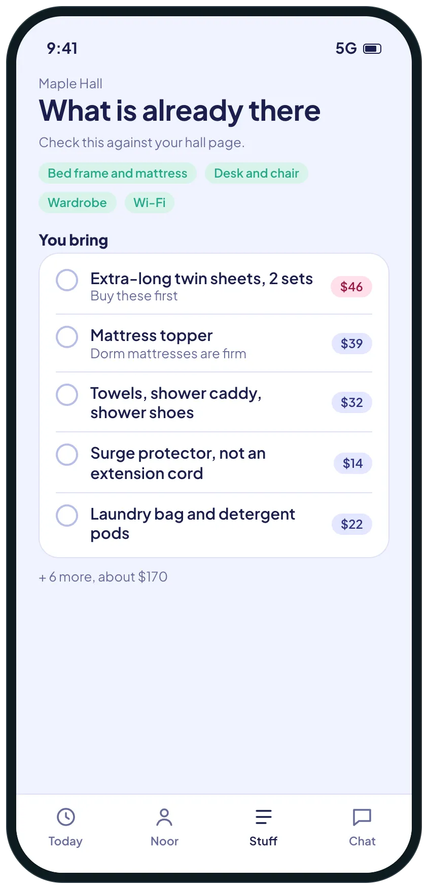 A screen listing what the residence hall already provides and what to bring, with extra-long twin sheets first and prices against the budget.