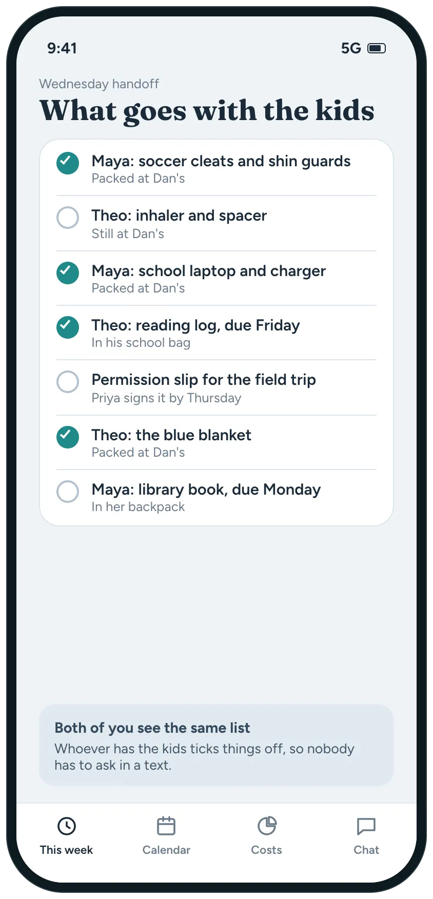 A handoff list of what goes with the kids on Wednesday, with cleats, a laptop and a blanket ticked off and an inhaler and permission slip still open.