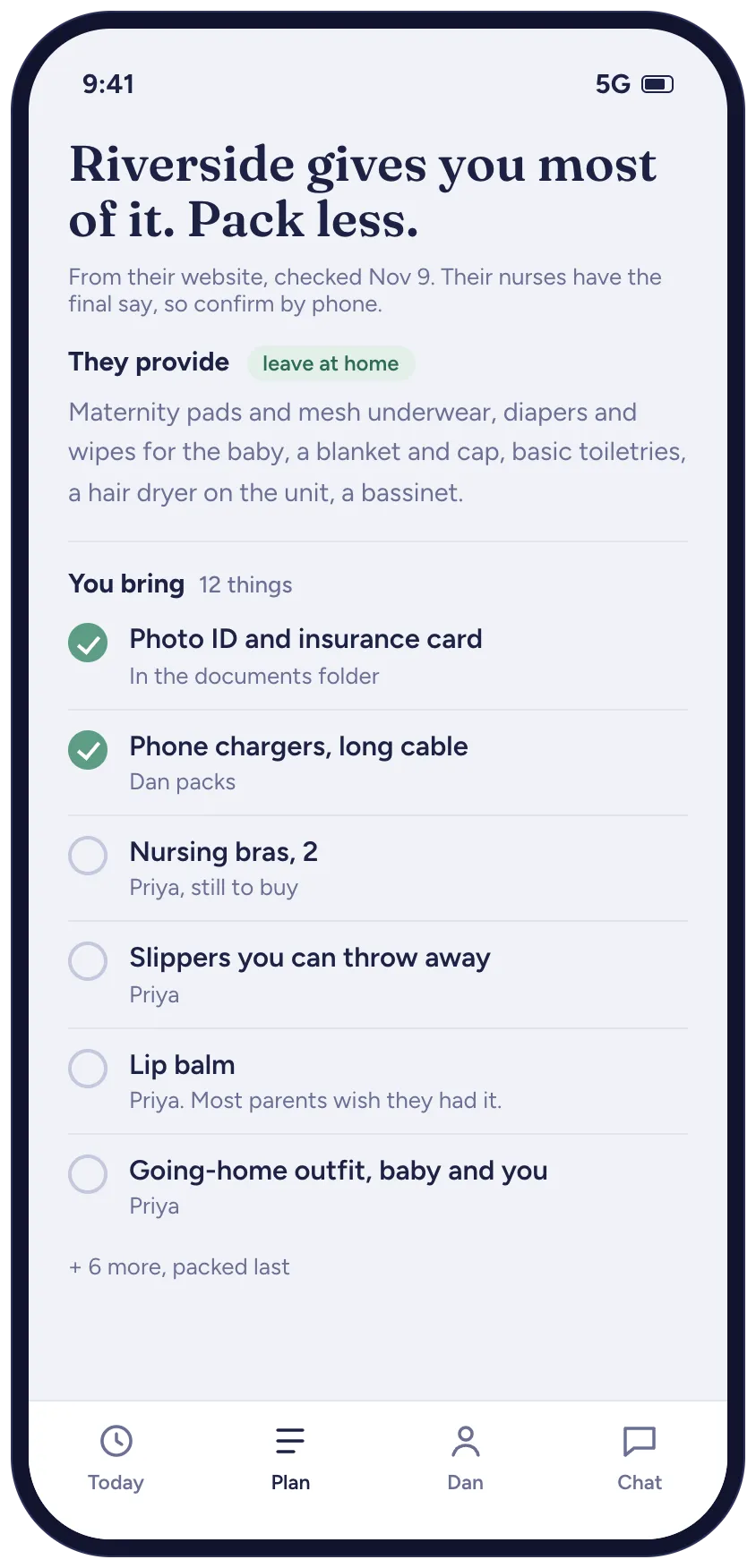 A screen listing what the hospital provides, so you can leave those things at home, and the twelve things you bring with who packs each one.