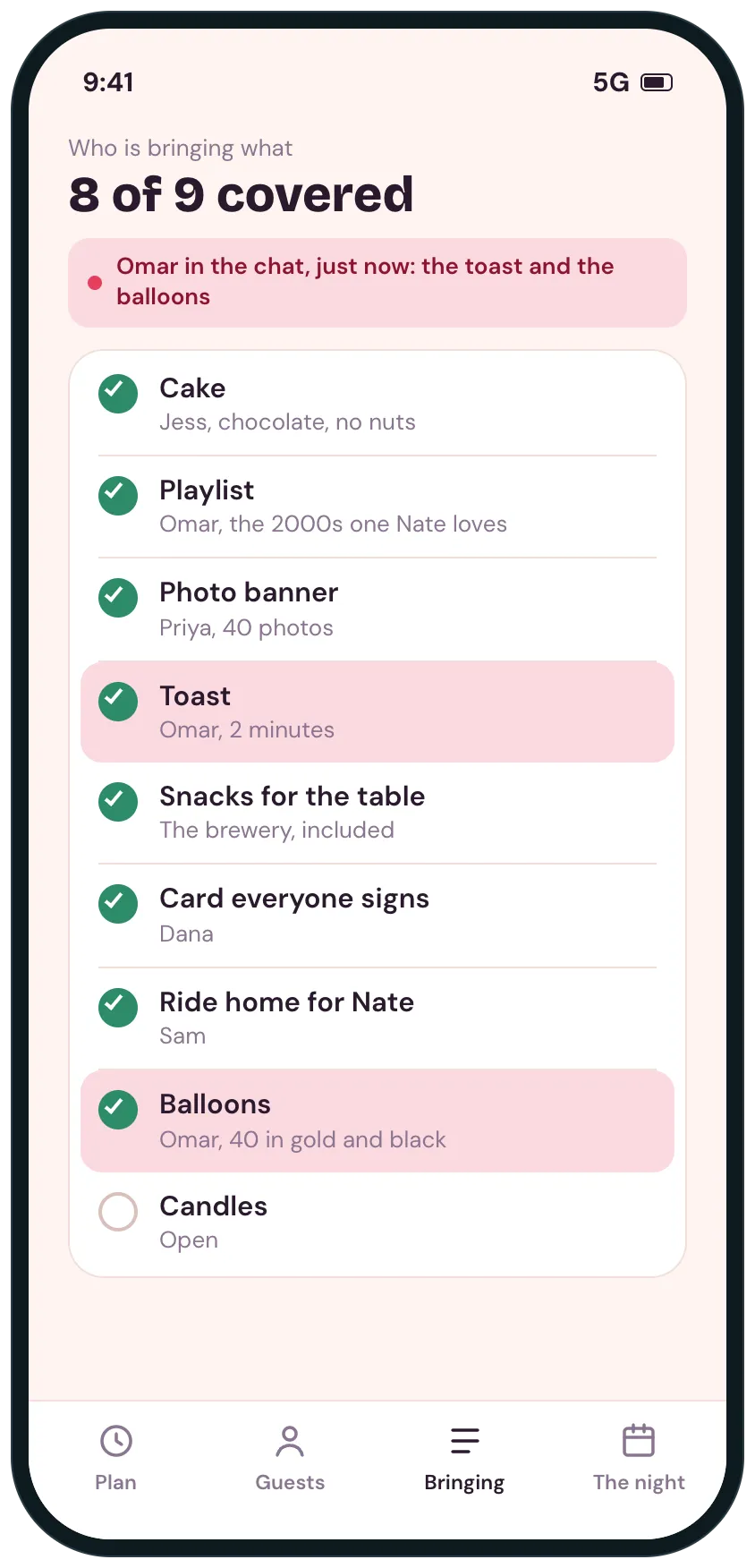 The who-is-bringing-what list with the toast and balloons highlighted as just taken in the chat, and only the candles still open.