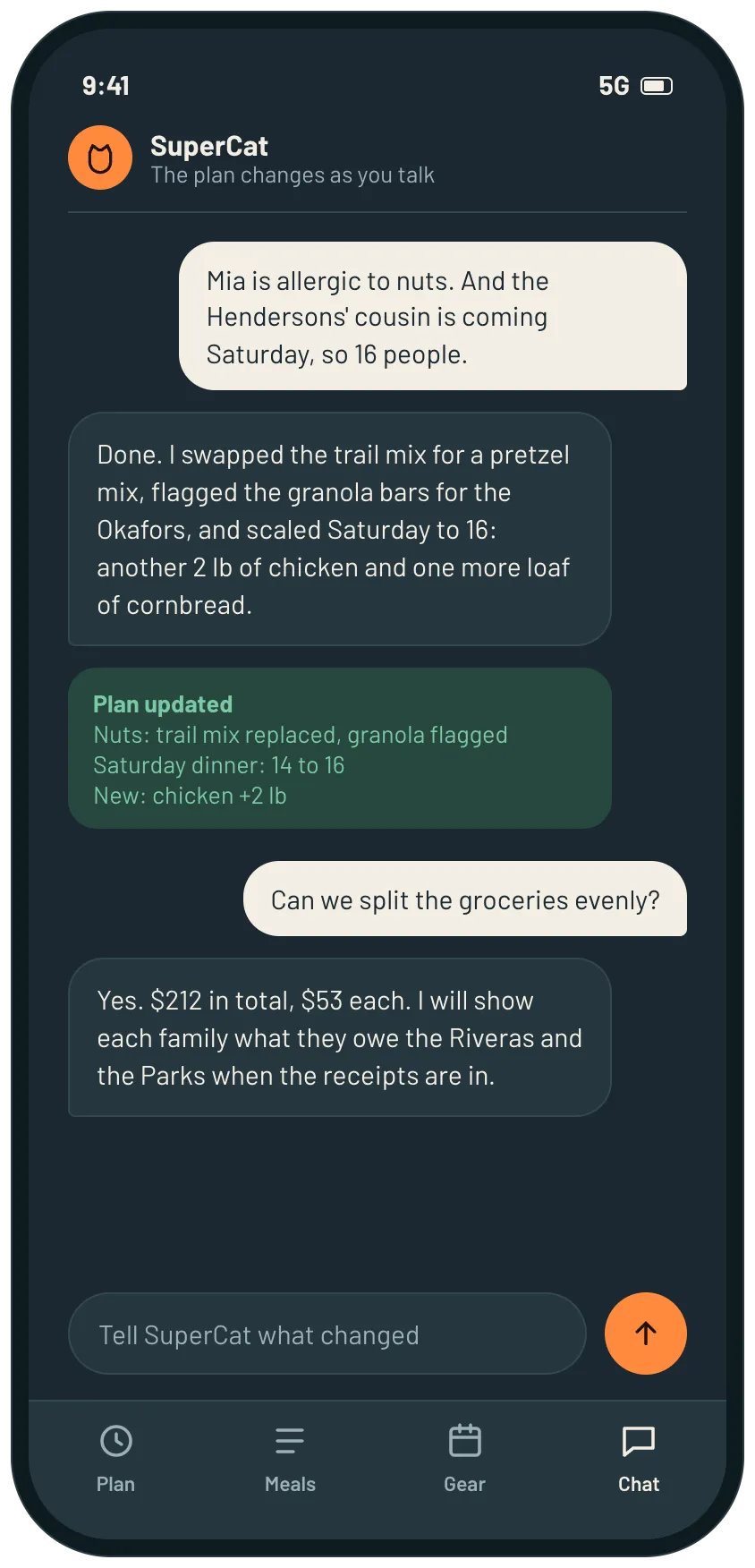 A chat with SuperCat where the organizer adds a nut allergy and a late guest, the plan updates with what changed, and SuperCat splits the groceries evenly.