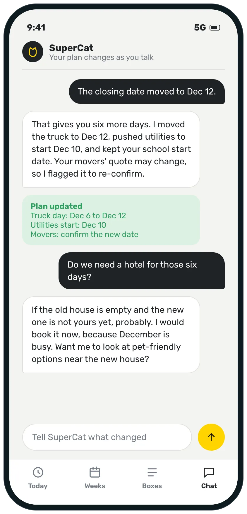 A chat where the closing date moves to December 12 and SuperCat moves the truck and utilities and flags the movers to re-confirm, then suggests booking a hotel for the gap.