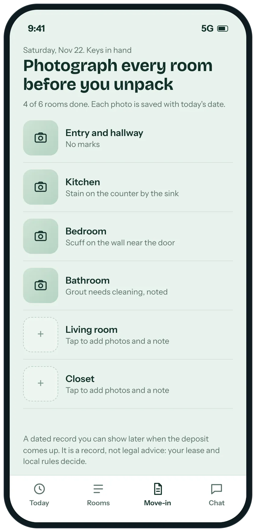 A move-in day screen to photograph every room before unpacking, with a note on each, four of six rooms done and each photo saved with the date.