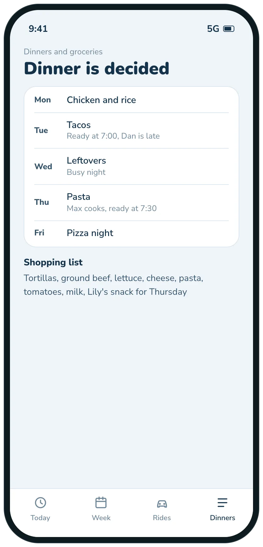 A dinner for each night of the week and the shopping list.