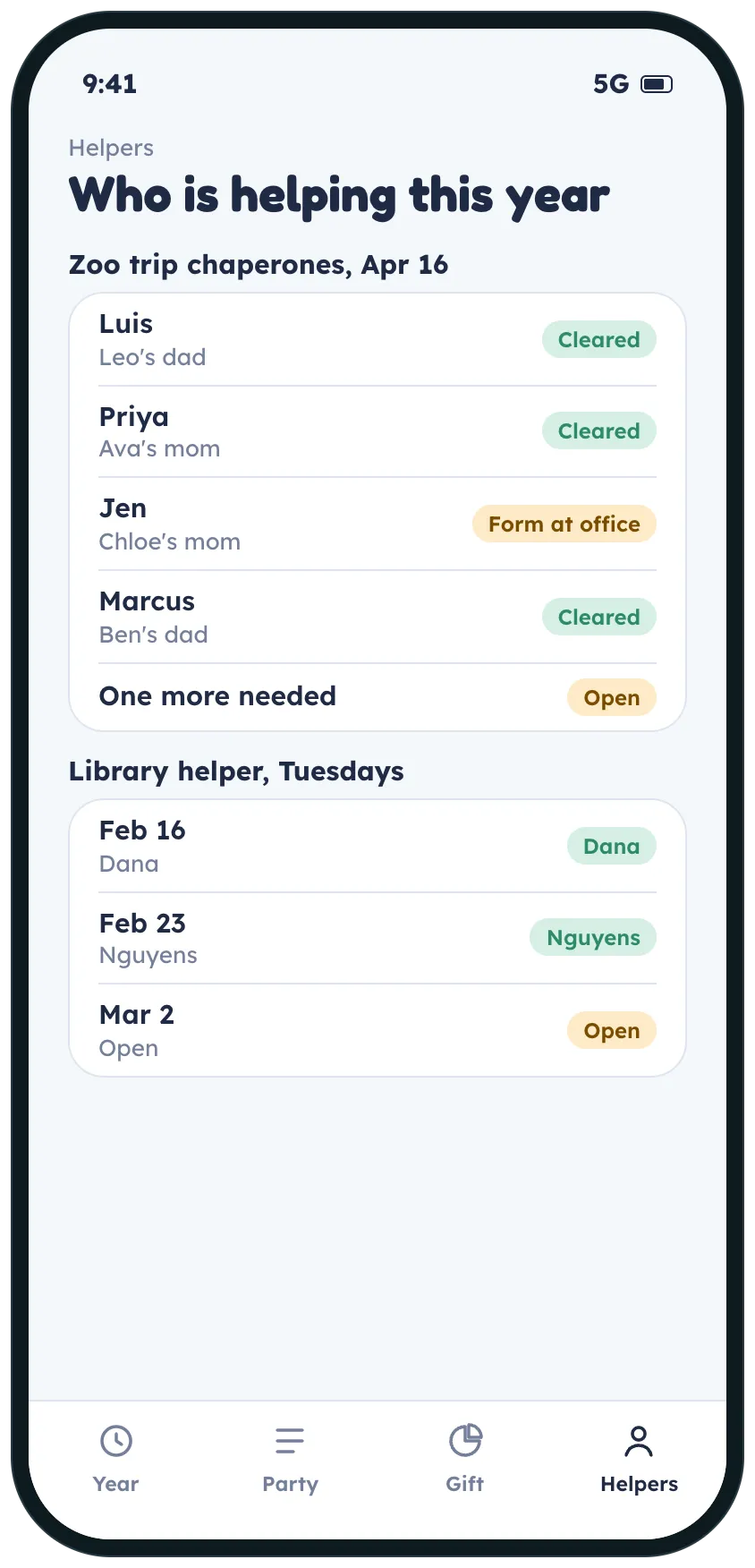 The helpers page with field trip chaperones and whether each has cleared the school check, and the library helper rotation with an open week.