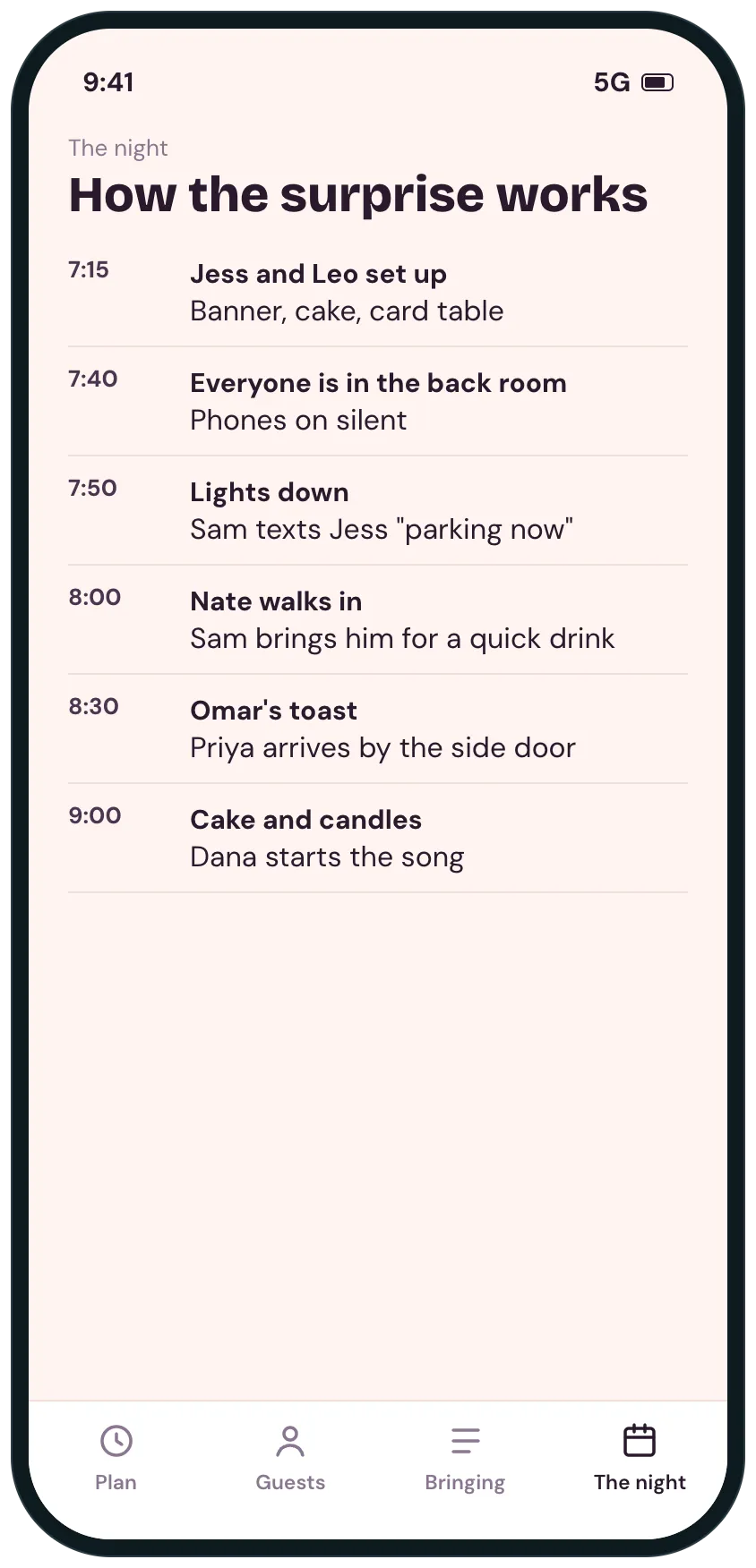 The night step by step, from setup at 7:15 to the guest of honor walking in at 8:00 and cake at 9:00.