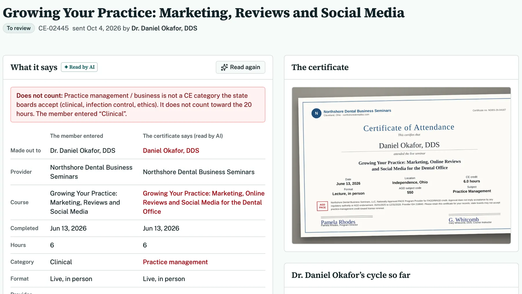 A CE certificate read by AI: practice management, which does not count toward the 20 hours; the member entered Clinical