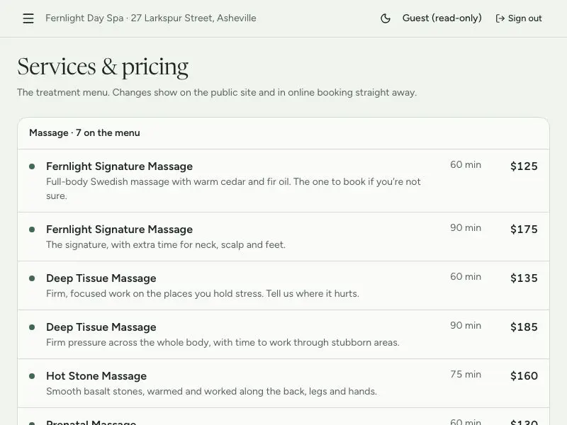Services & pricing — Fernlight Day Spa