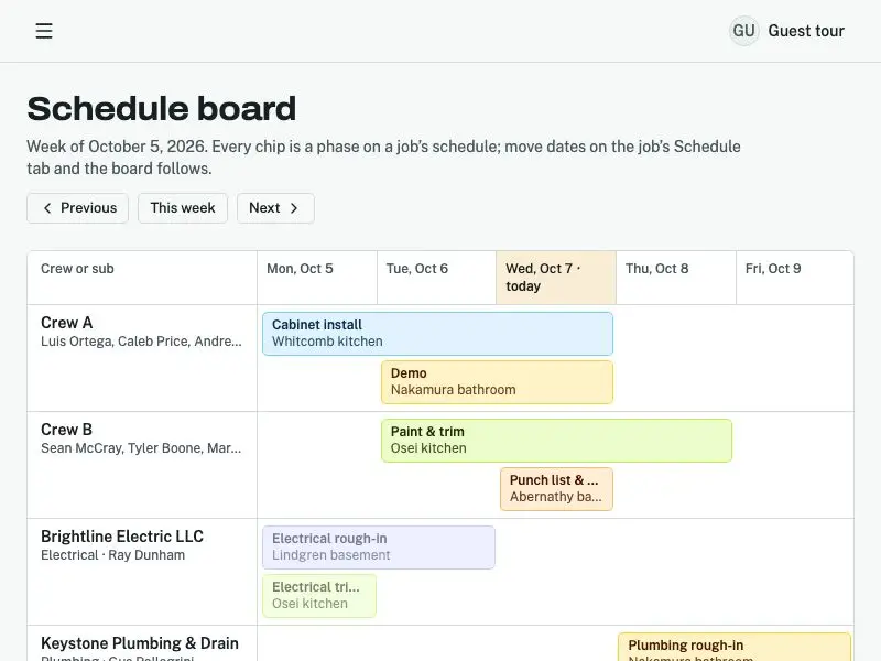 Schedule board — Ridgeline Remodeling & Design