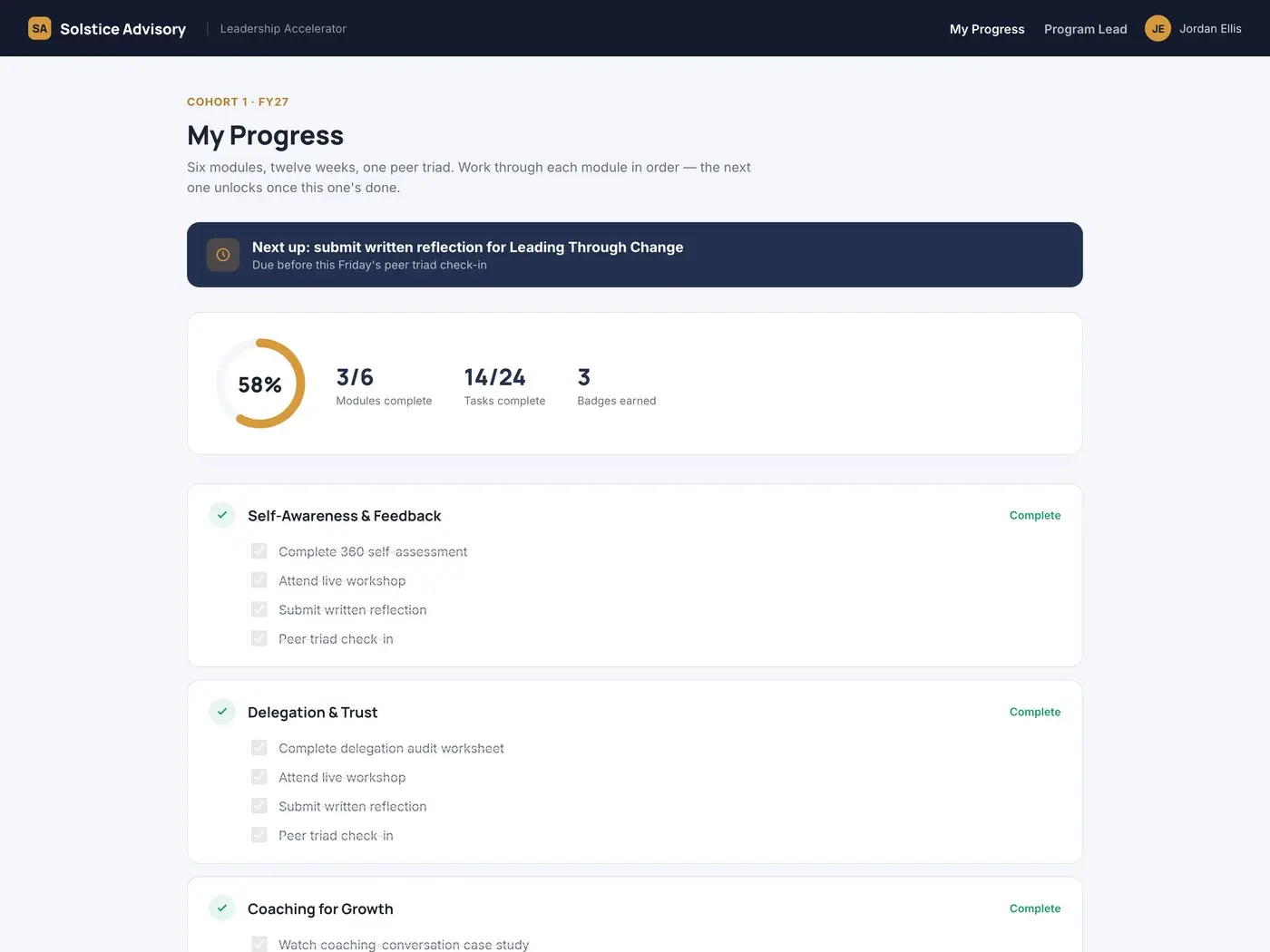 Programme lead dashboard — Solstice Advisory Leadership Accelerator