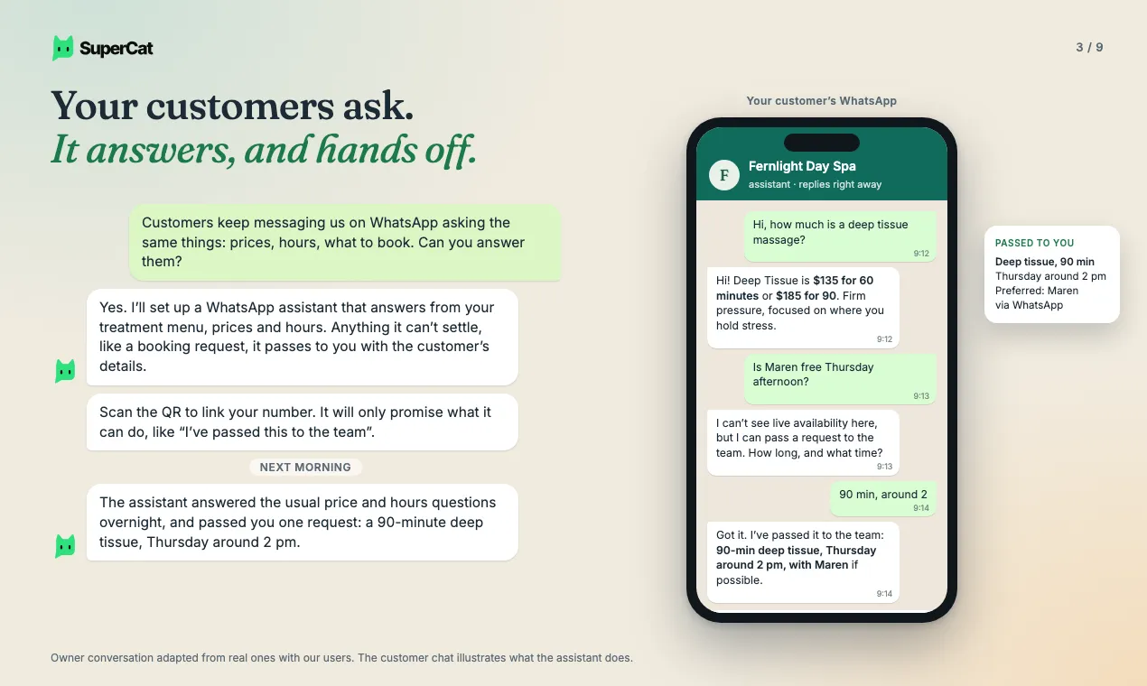 A WhatsApp assistant answering a customer and handing a booking request to the owner