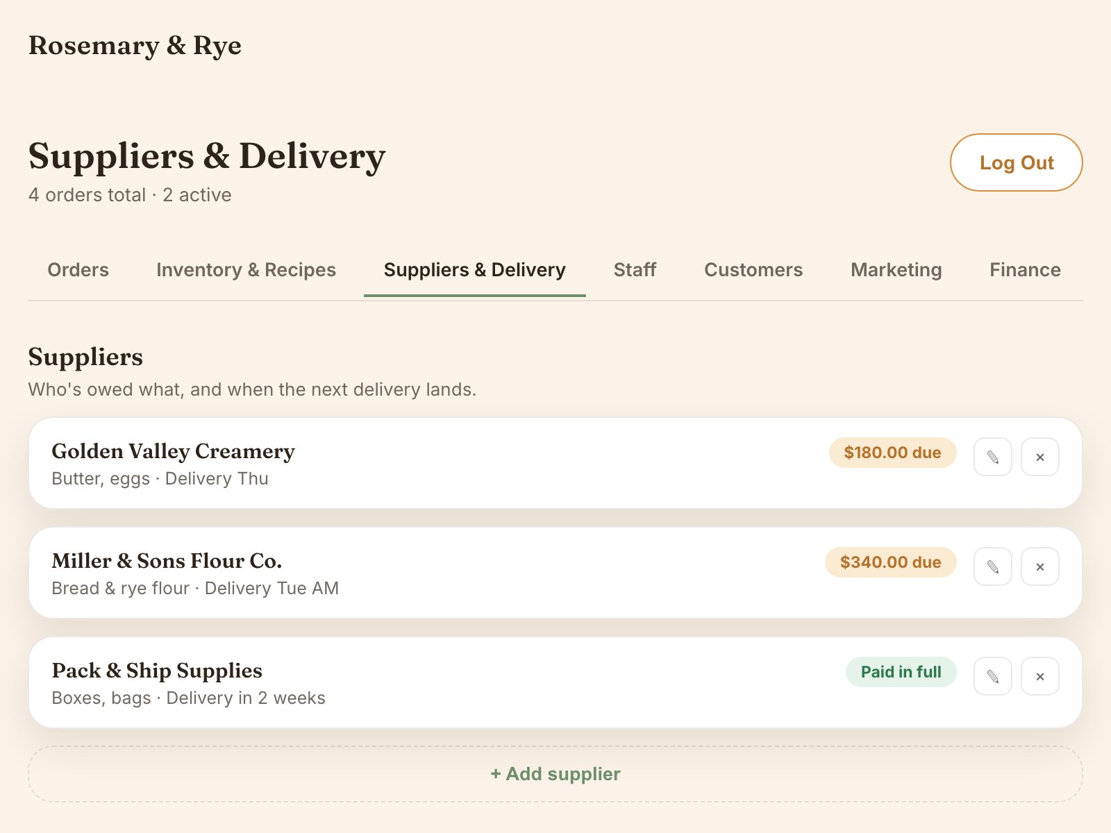 Nhà cung cấp & Giao hàng — Rosemary & Rye